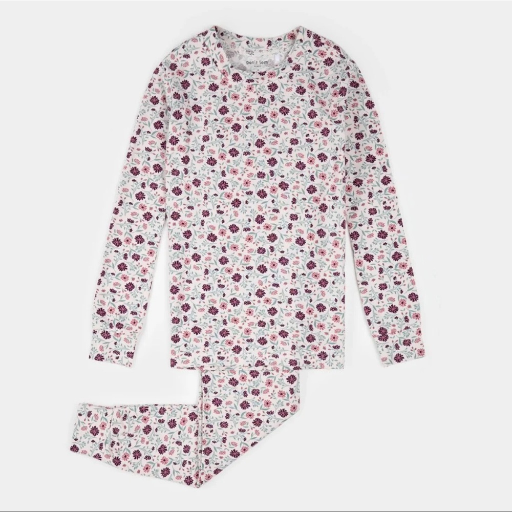 Girls' Floral Long Sleeve Pajama Set - White with Pink & Purple Flowers